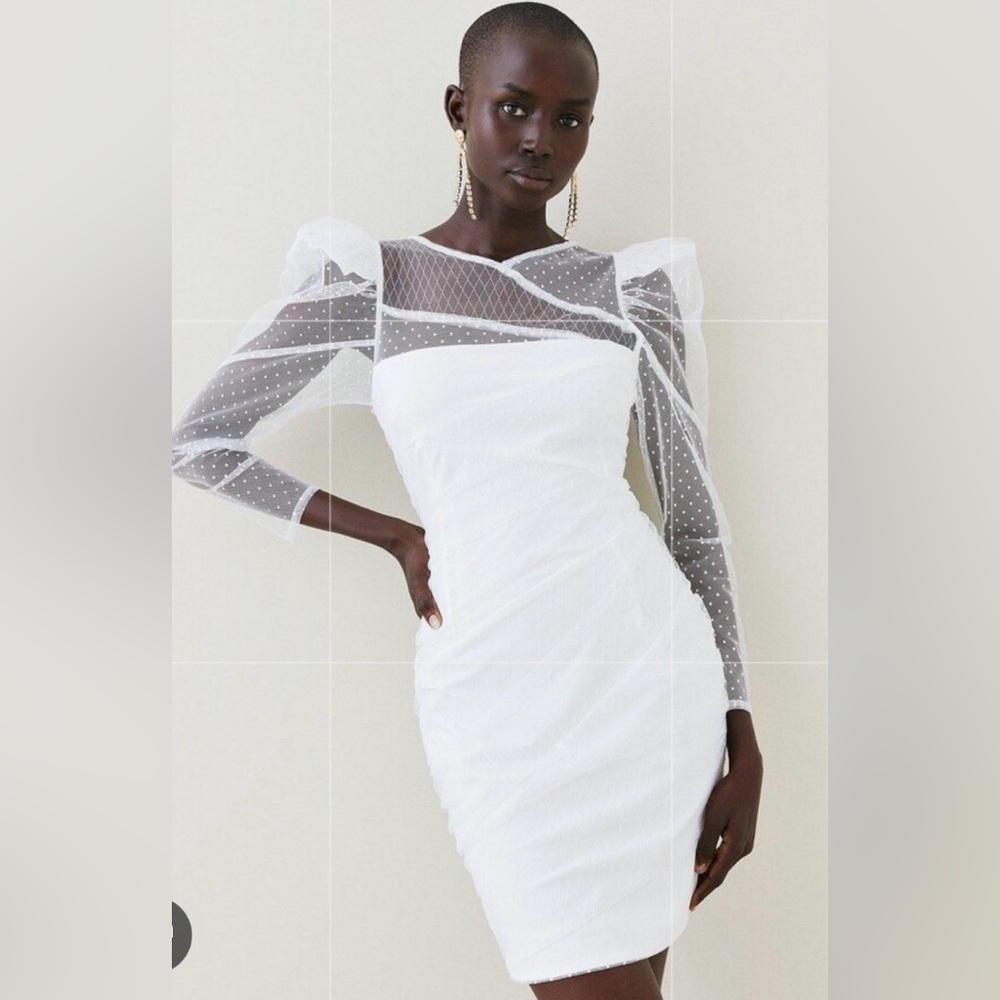 Karen Millen WhiteMixed MeshSpot Tulle Frill Shoulder Sheer Overlay Dress NWT 10
